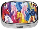 Leuke cartoon paarden bedrukte vierkante pil Organisator met 2 afdelingen, Portable Mini Pill Box pils geval voor geneeskunde, vitamine, visolie, supplementen