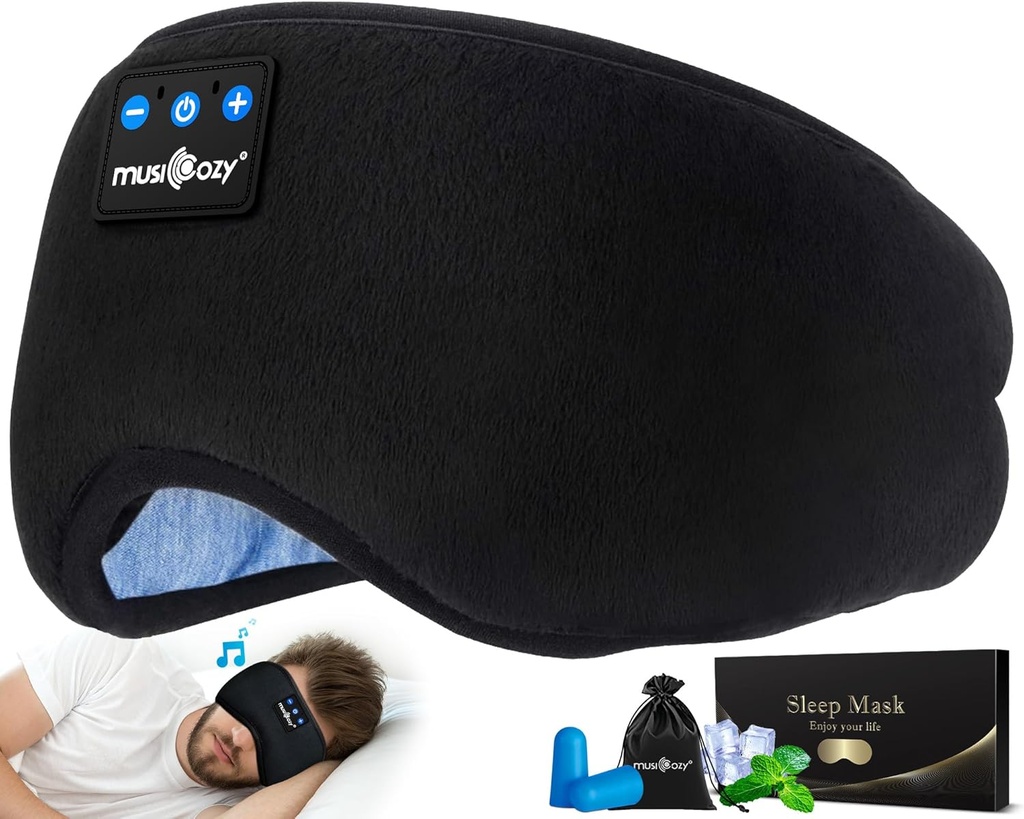 MUSICOZY Casques de sommeil Bluetooth 5.4 Casque dormant Masque pour les yeux pour maman Femmes Hommes Ecouteurs de musique sans fil Ecouteurs pour lits latéraux Haut-parleurs HD intégrés Cool Gadgets Cadeaux uniques