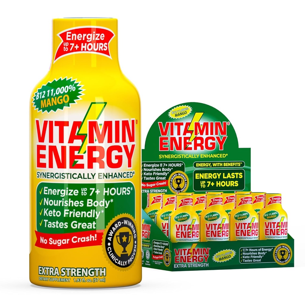 Vitamine Energy B12 11,000% Extra Strength Energy Shot Mango 12 Pack, 260mg Caféine naturelle, B12 & B6, Nootropic Focus, Vitalité, Zéro Sucre, Sans gluten, Vegan, Kosher, 1.93 fl oz
