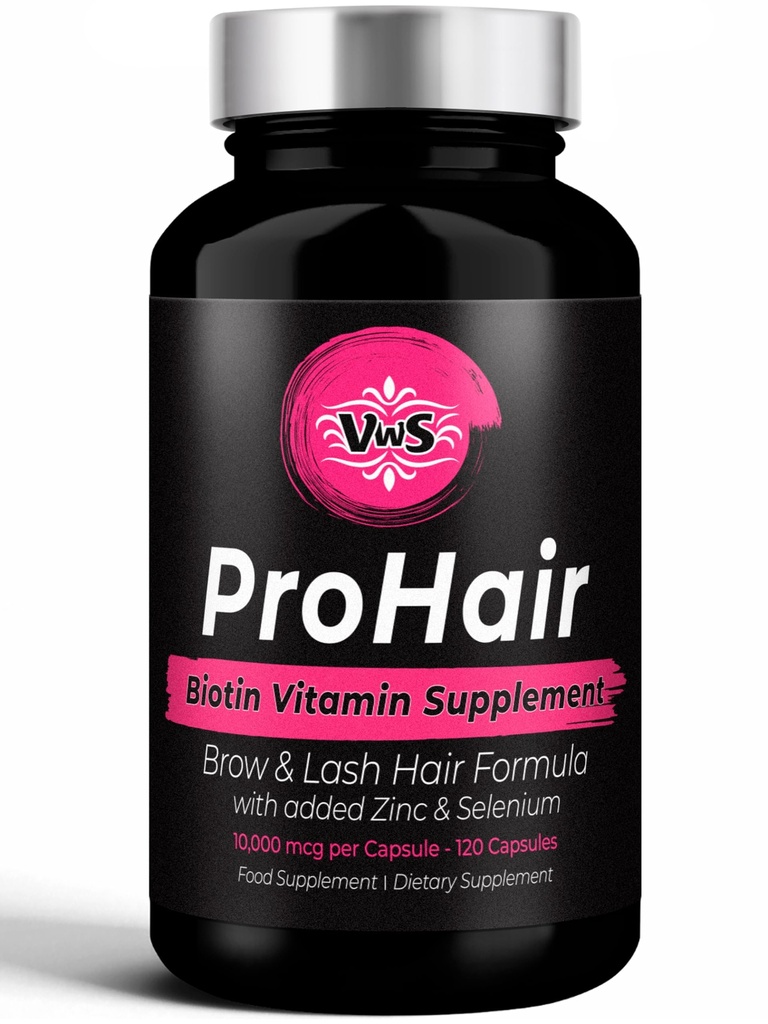 VWS Biotin 10 000 mcg Dietary Supplement w/Zinc & Selenium pour promouvoir la croissance des cheveux plus épais, des ongles plus forts et une peau saine pour les femmes et les hommes, 120 capsules végétaliennes