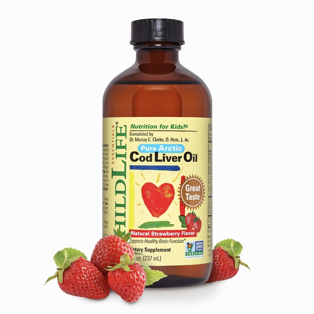ENFANT ESSENTIELS Huile de foie de morue pour les enfants - Huile de foie de morue pour les enfants liquides, pour les bébés 6+ mois, les tout-petits, ajouté DHA, EPA, Omega-3 acides gras - Fraise, 8 fl oz