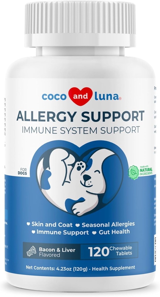Allergie Ondersteuning voor honden - 120 Kauwtabletten - met vitamine C, Omega 3 en Colostrum - Itch Relief, Allergie Relief for Dogs, Skin Soother - met Probiotica voor de gezondheid van het immuunsysteem