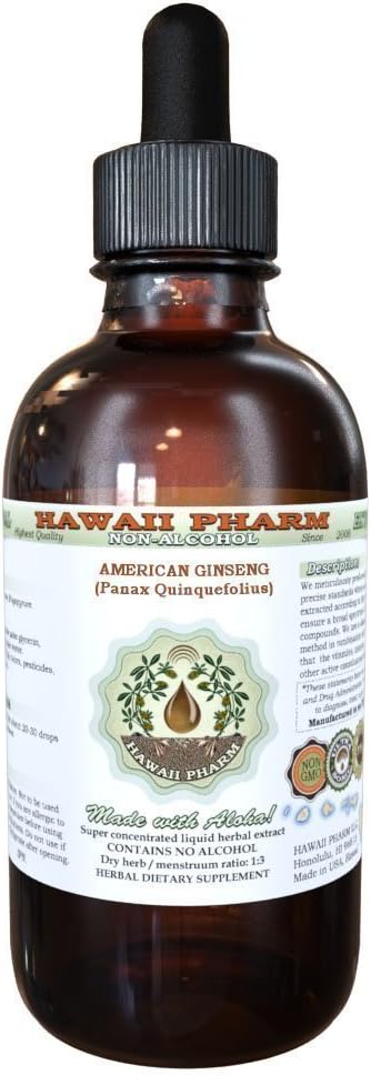 American Ginseng Extrait liquide sans alcool, Ginseng (Panax Quinquefolius) Glycérite séchée à la racine Hawaii Pharm complément naturel à base de plantes 4 oz