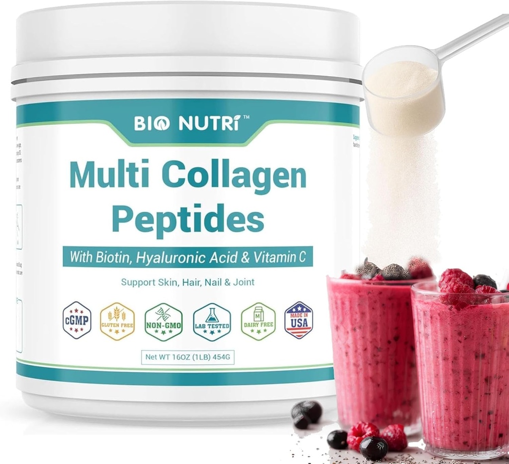 BIO NUTRI Collageen Peptides Powder Multi-Type (I, II, III, V, X) met Biotine en Hyaluronzuur voor haar, huid, nagels en gewrichten, ongearomatiseerd, 16oz