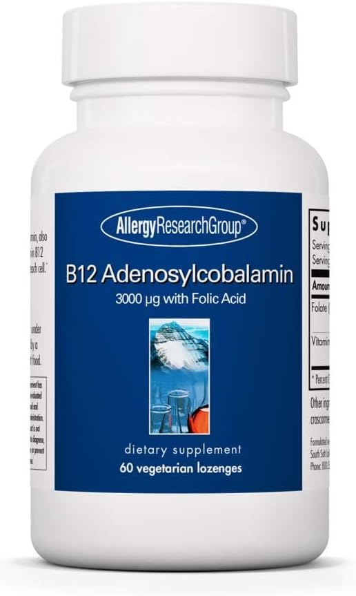 Allergie Onderzoeksgroep B12 Adenosylcobalamine Supplement - met Foliumzuur, Vitamine B12 3000 mcg, Folaat, Pure B12, Vegetarische Lezen - 60 Tellen