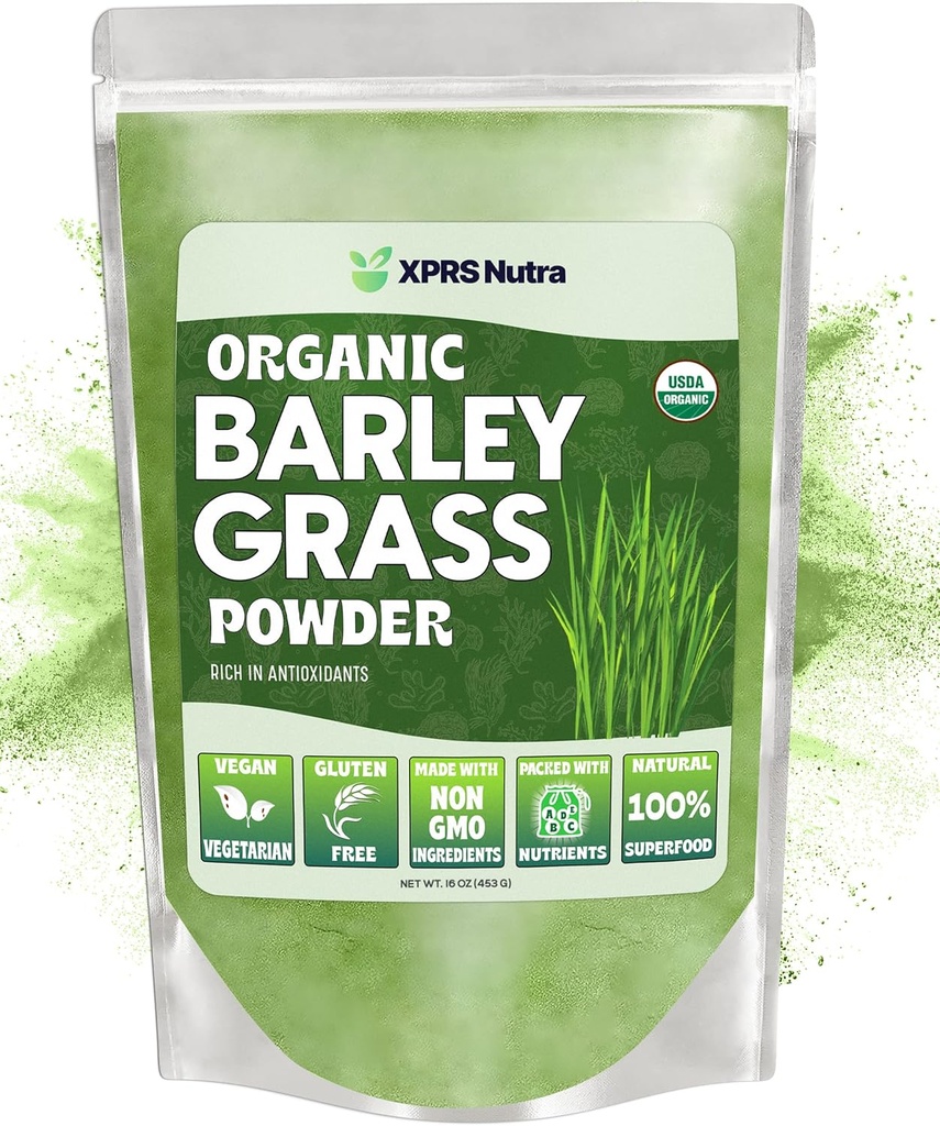 XPRS Poudre d'orge biologique Nutra - 16 Ounce Premium Poudre d'orge riche en antioxydants, acides aminés et protéines - Barley Green Superfood pour l'immunité