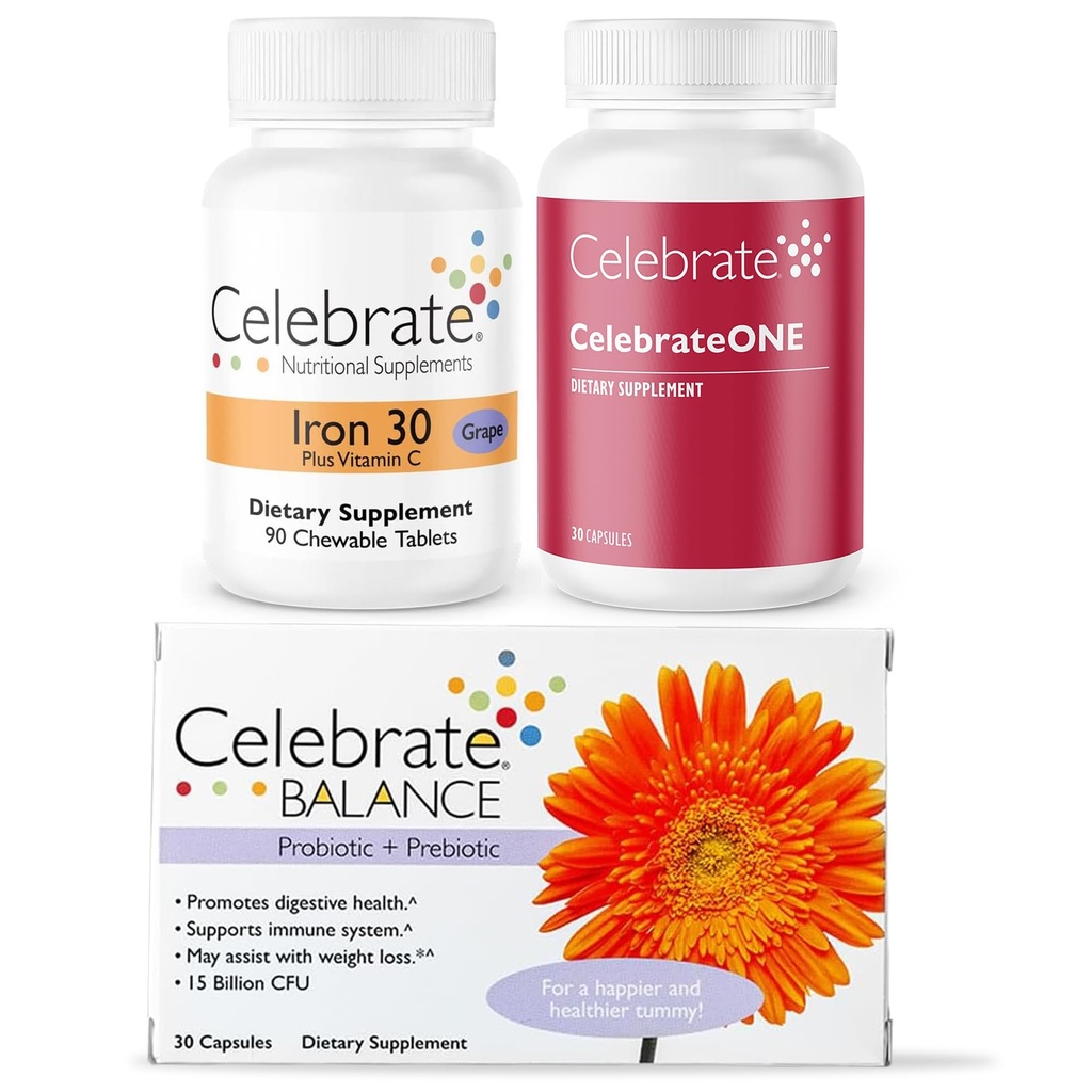 Célébrez les vitamines du bundle bariatrique – Célébrez la multivitamine, le fer avec la vitamine C à croquer, et équilibrez le probiotique + le prébiotique – Nutrition essentielle et soutien digestif pour la récupération WLS