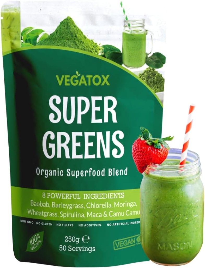 Vegatox Super Greens Powder 250g) Ultimate Immune Support de la poudre verte Superfood pour l'immunité, l'énergie et la désintoxication Vegan, 100% naturel et alcalin 50 portions