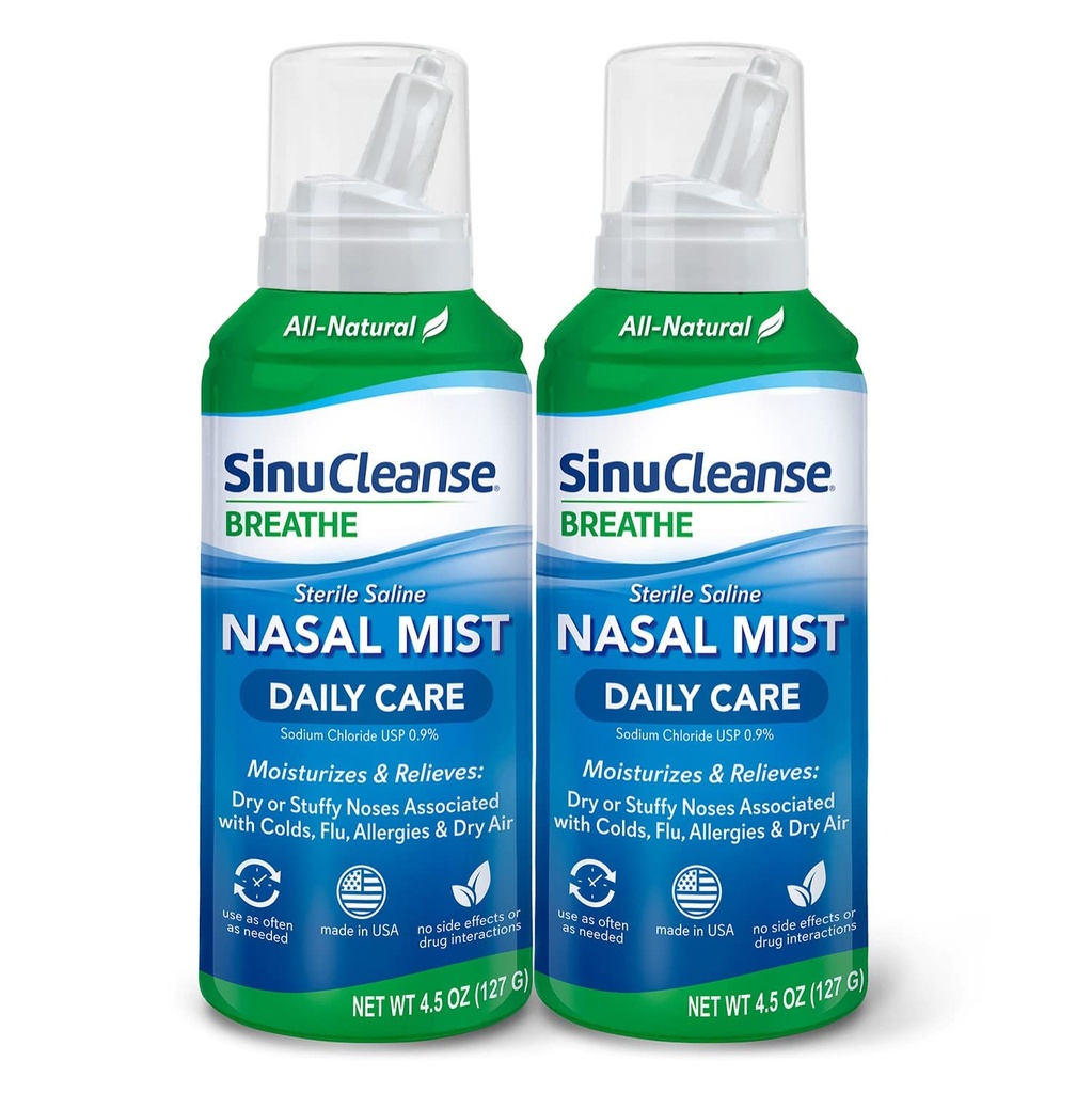 SinuCleanse Daily Care Stérile Saline Nasal Spray, Ultra Fine Mist, Hydratant instantanément et Soulage la congestion nasale quotidienne due au froid et à l'air sec, 4.5 Oz (2 Pack), Fabriqué aux États-Unis