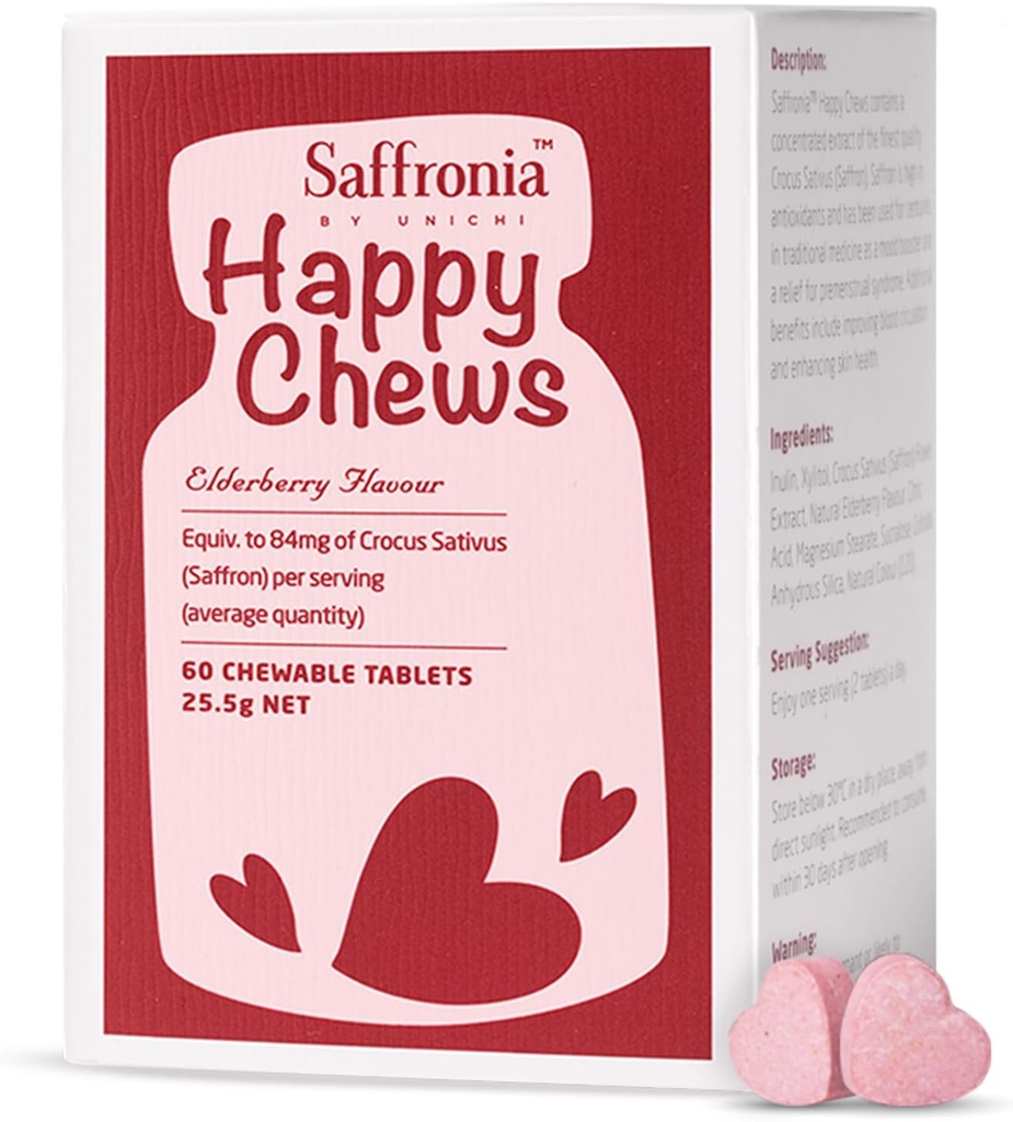 Unichi Saffronia Happy Chews, Saffron Supplement voor Mood Balance Support en Stress Reduction, Vlierbessen smaak, 60 tabletten