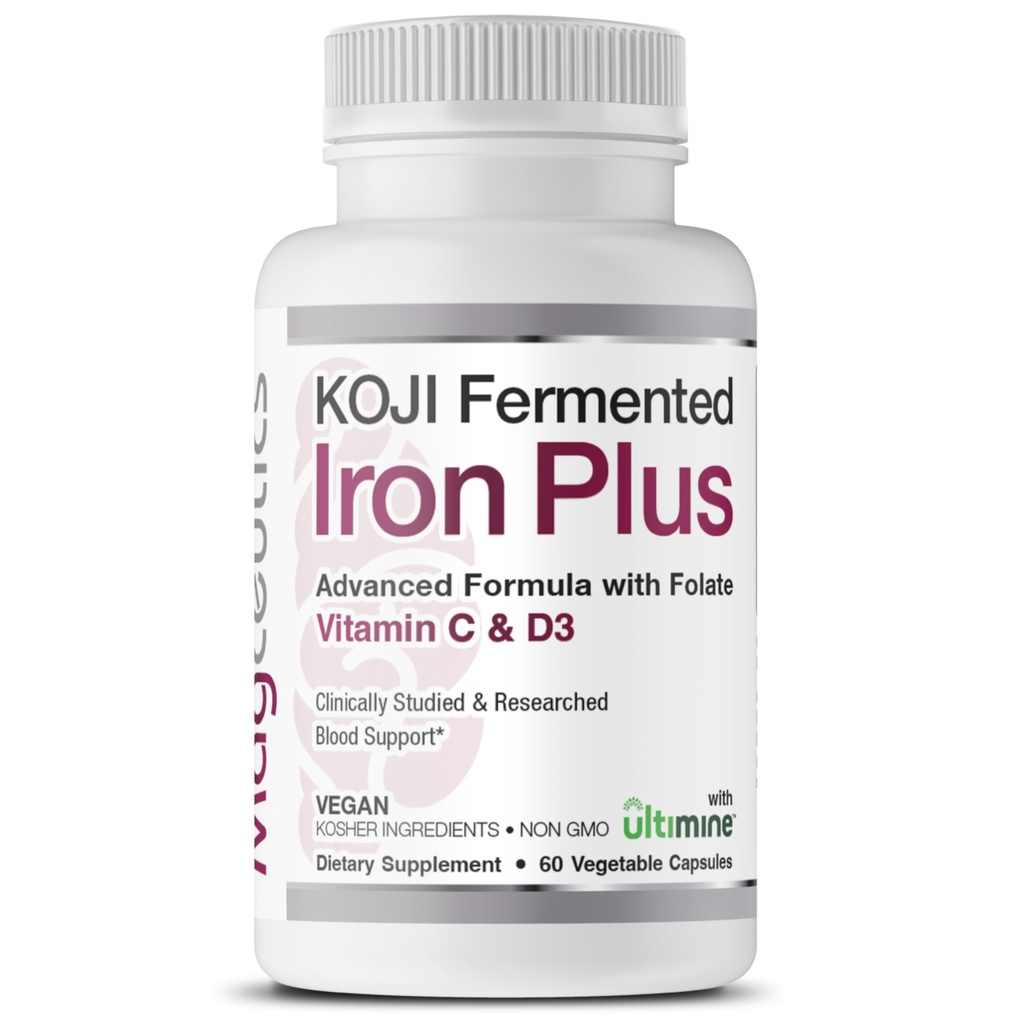 Koji Fermented Iron Plus - Iron Supplement met vitamine C, vitamine D3 en Folaat voor bloedondersteuning, Gemakkelijk geabsorbeerd en biologisch beschikbaar, Maagvriendelijk, Veganistisch, Niet-GMO - 60 Capsules