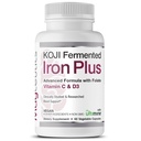 Koji Fermented Iron Plus - Supplément en fer avec vitamine C, vitamine D3 et folate pour le soutien du sang, facilement absorbé et biodisponible, estomac amical, végétalien, non-OGM - 60 capsules