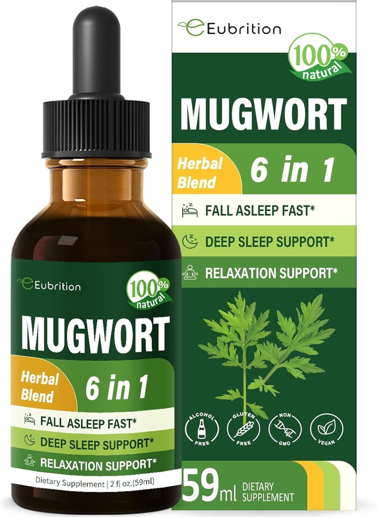 Mugwort Herb Liquid Drops for Sleep Support, Mugwort Leaves(Artemisia vulgaris) All in 1 Formula for Relaxation Support, Herbal Supplement with Valerian Chamomile Tulsi Lavender Extract.2oz