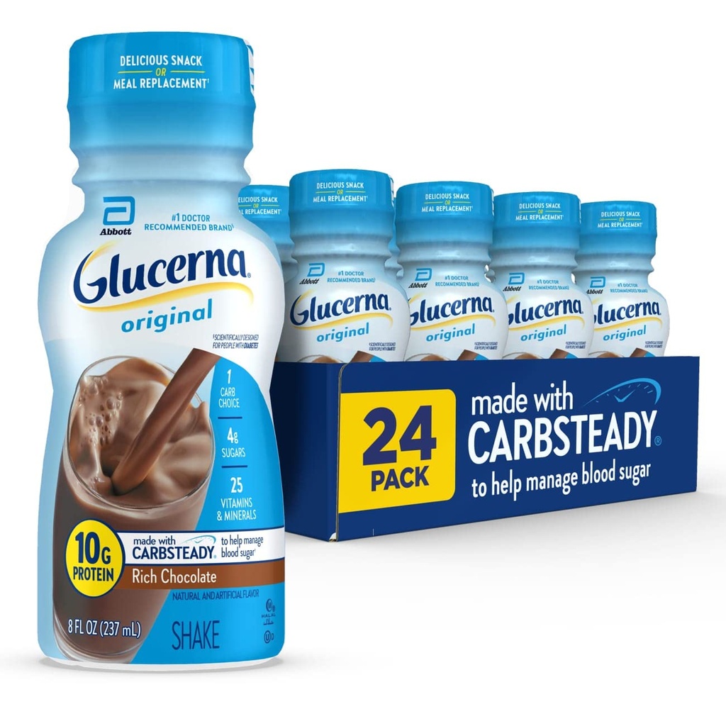 Glucerna Original Diabetes Care Shake, Rich Chocolate, Diabetic Meal Replacement to Support Blood Sugar Management, 10g Protein, 180 Calories, Ready to Drink, 8-fl-oz Bottle, 24 Pack