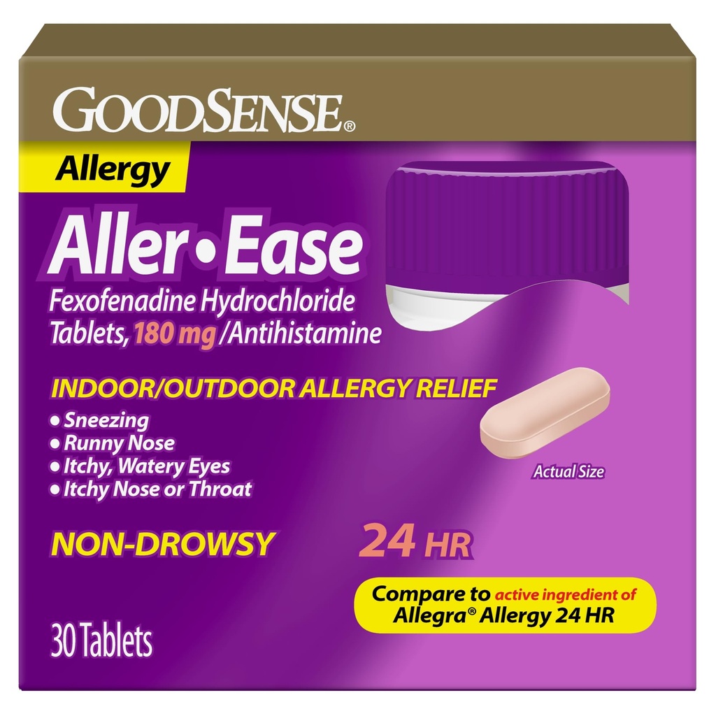 GoodSense Aller-Ease - Fexofenadine Hydrochloride 180 mg Tablets - 24-Hour Allergy Medicine for Indoor & Outdoor Relief, 30 Count