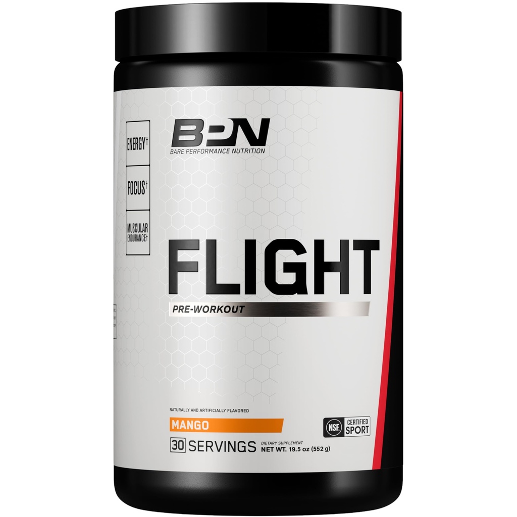 BARE PERFORMANCE NUTRITION BPN Flight Pre Workout, soutient l'énergie et la concentration mentale, l'endurance améliorée et les pompes musculaires avec CarnoSyn® Beta Alanine, Mango, 30 services