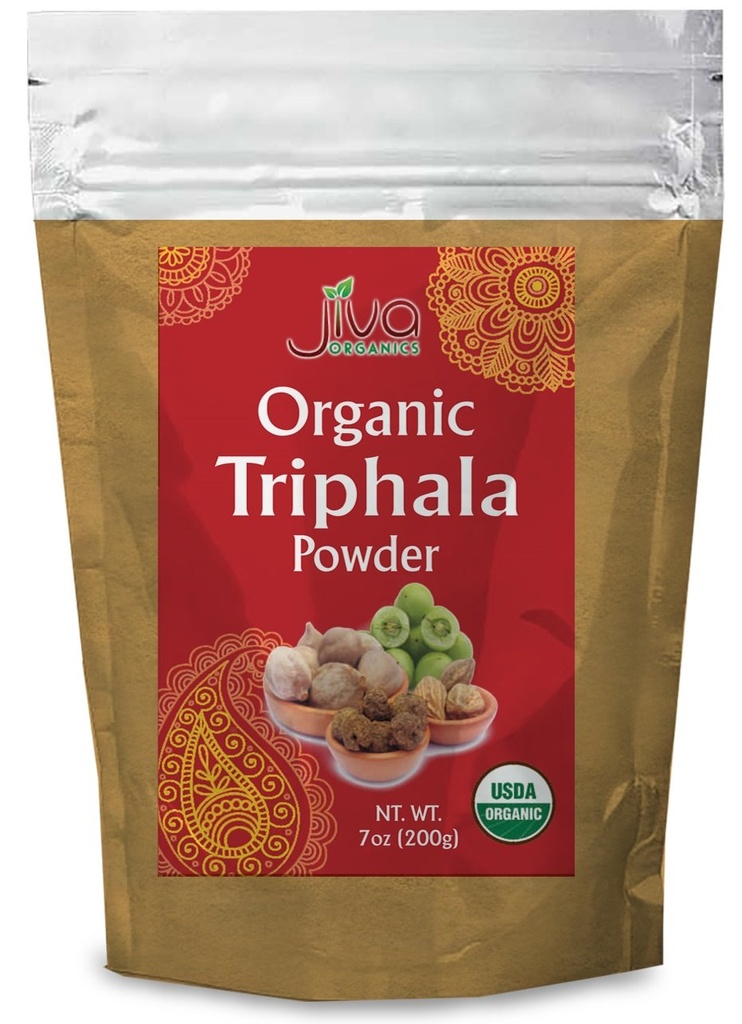 Jiva Bios Poudre de Triphala biologique 7 Once Sac - Sol Amla, Bhibitaki, et Haritaki Fruits mélangés, 100% naturel et non-OGM