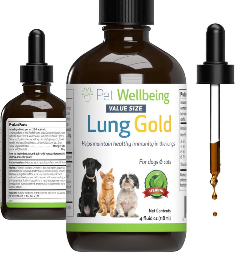 Pet Wellbeing Lung Gold for Dogs & Cats - Vet-Formulated - Long & Respiratory Immune Support, Open Airways, Easy Breathing - Natural Herbal Supplement 4 oz (18 ml)