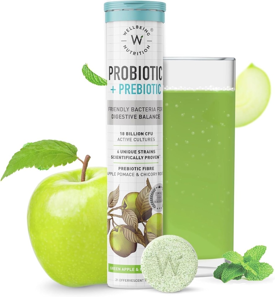 Wellbeing Nutrition Daily Probiotics + Prebiotics &amp; Prebiotics Verbeteren van het metabolisme, zuurheid, spijsvertering & Gut Health &amp; 18 miljard CFU Organic Probiotics Supplement for Men & Women (21 Bruisende Tabs)