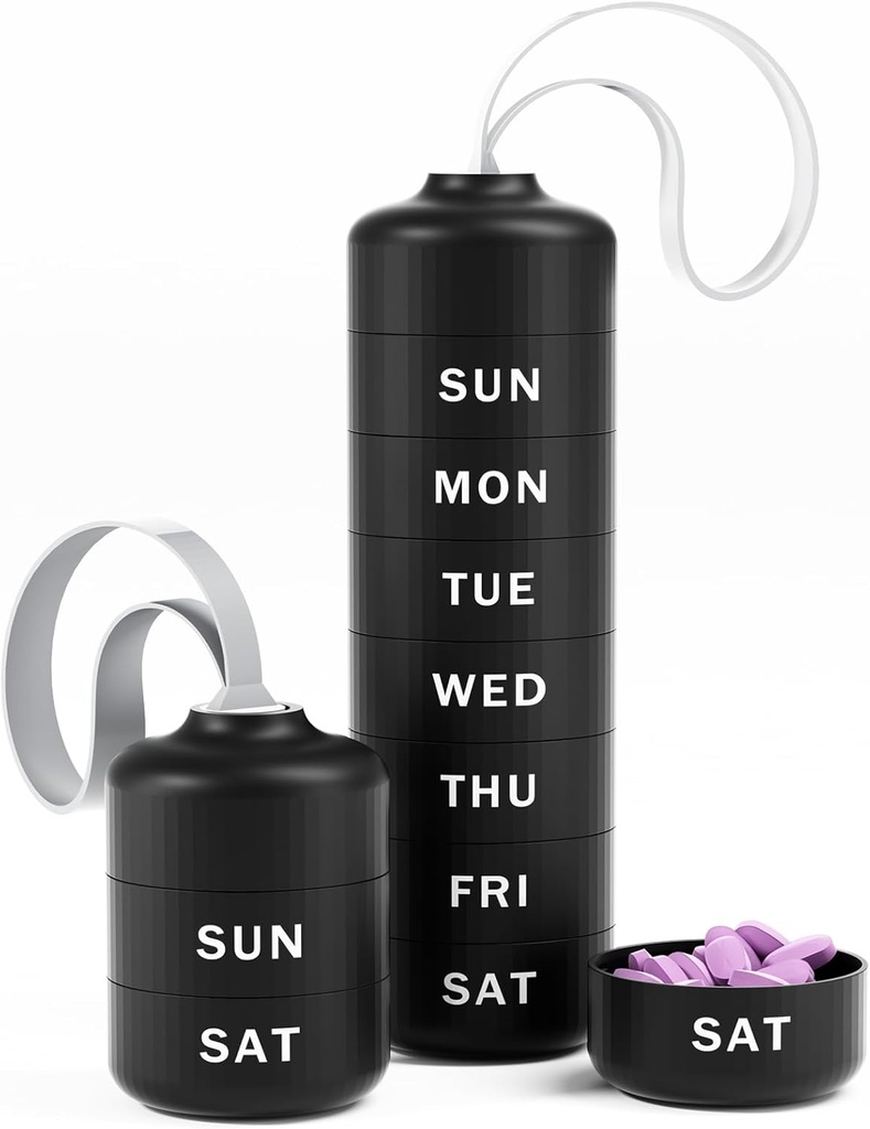 Betife Leuke pil Organizer, Leuke Weekly pil Box voor reizen, Leuke Dagelijkse pil geval 7 Dag, met 7 Grote Stapelbare Compartementen, Stevige ABS pil houder voor vitamine supplement geneeskunde (zwart)