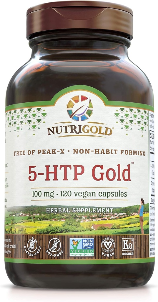 Nutrigold 5-htp 100mg, 120 Vegetarische Capsules - The Gold Standard Pure 5-Htp Extract gegarandeerd vrij van schadelijke Peak-x, Gmos, & Allergens