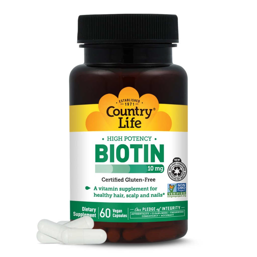 Pays Vie Vitamines Haute puissance Biotine 10 000 mcg (10 mg), 60 Compte - Supplément pour cheveux, scalp et ongles - Certifié sans gluten