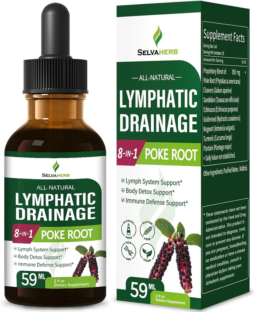 Drainage lymphatique gouttes pour le support du système lymphatique, corps detox & Immune de défense suppléments à base de plantes avec racine de poke (Phytolacca Americana) Cleavers Dandelion Echinacea Extrait. 2oz
