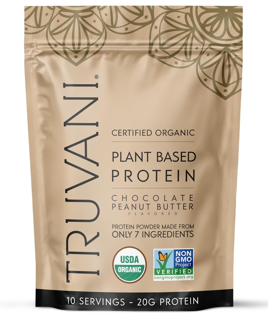 Truvani Poudre de protéines de pois végétaliens au chocolat Beurre d'arachides au chocolat 20g Protéine biologique à base de plantes 10 portions
