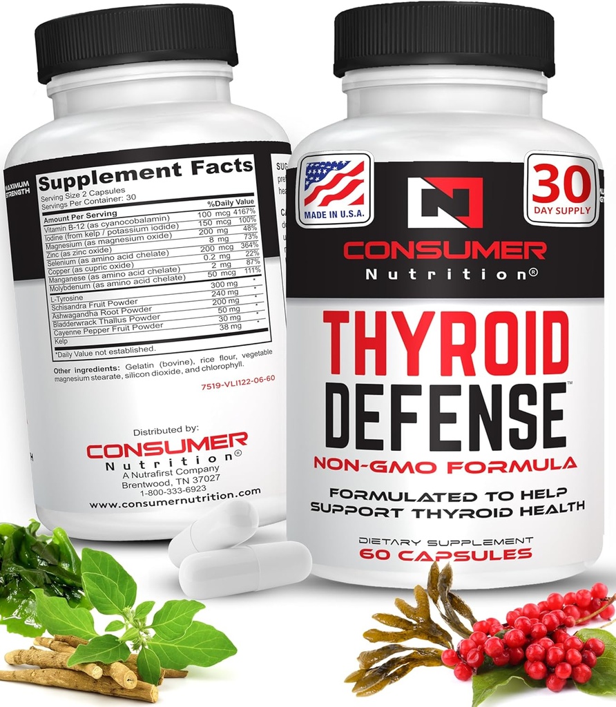 Soutien à la thyroïde pour les femmes et les hommes - Ashwagandha, Cayenne, Schisandra et Kelp pour la santé thyroïde - Zinc, vitamine B12 et suppléments à l'iode pour la thyroïde - Thyroïde Defense 30 Capsules