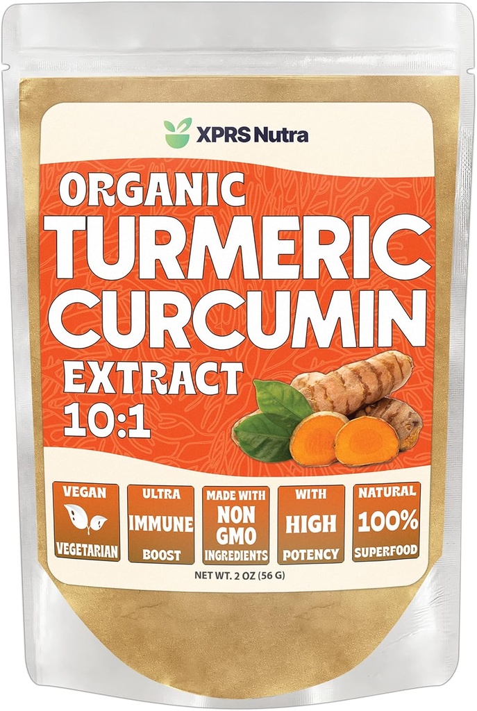 XPRS Nutra extrait de poudre de curcumine curcumine biologique 10:1 - Premium USDA poudre de curcumine biologique pour l'immunité - Vegan Friendly Curcumine pure pour la santé Gut (2 once)