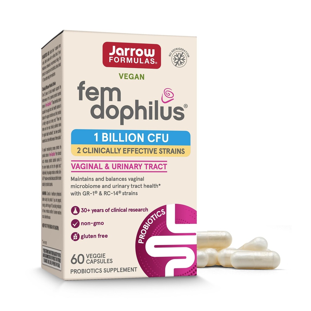 Formules de Jarrow Probiotiques vaginaux Fem-Dophilus 1 Million CFU avec 2 souches à l'appui scientifique, supplément alimentaire pour le soutien vaginal et urinaire, 60 capsules, jusqu'à 60 jours d'approvisionnement, plateau-stable