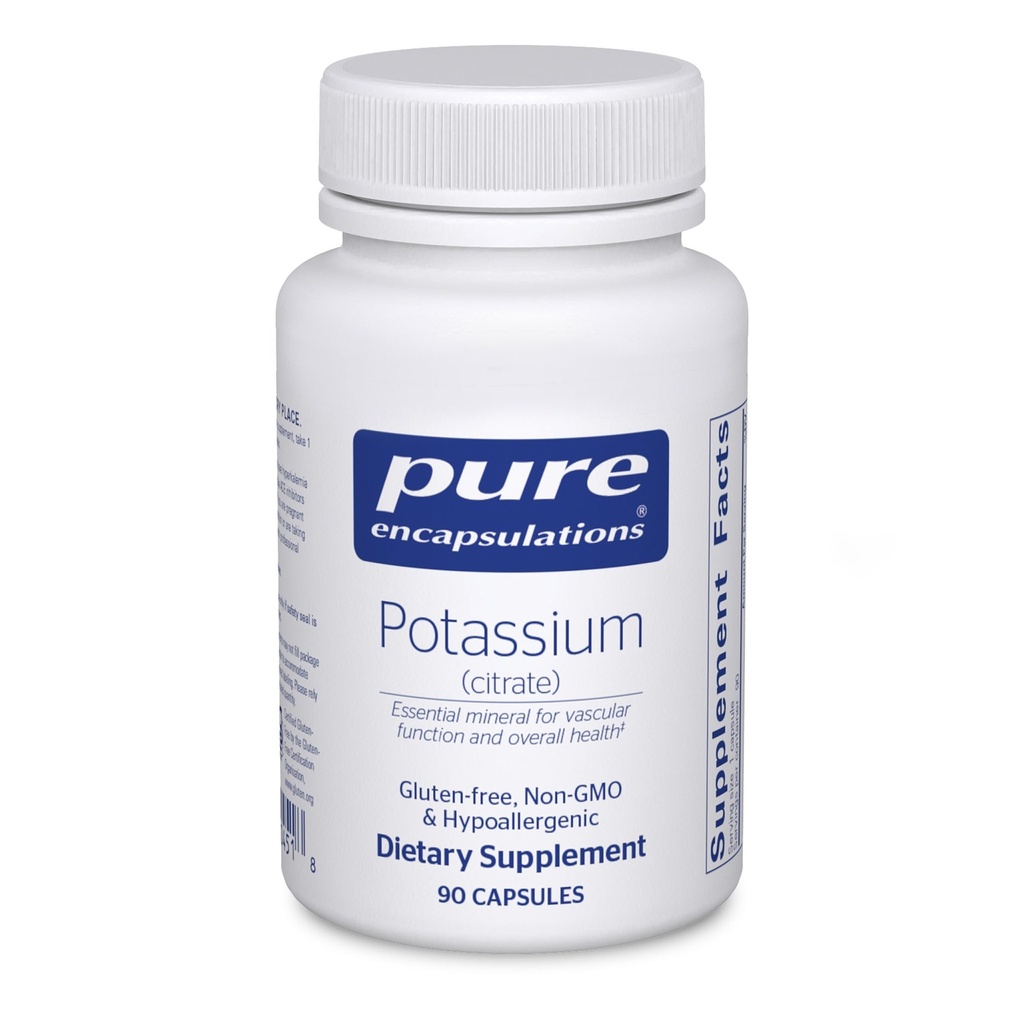 Encapsulations pures Potassium (Citrate) - Supplément électrolytique essentiel pour soutenir la fonction nerveuse et musculaire, adrénales, hormones, santé cardiaque et énergie* - Capsule de citrate de potassium - 90 Capsules