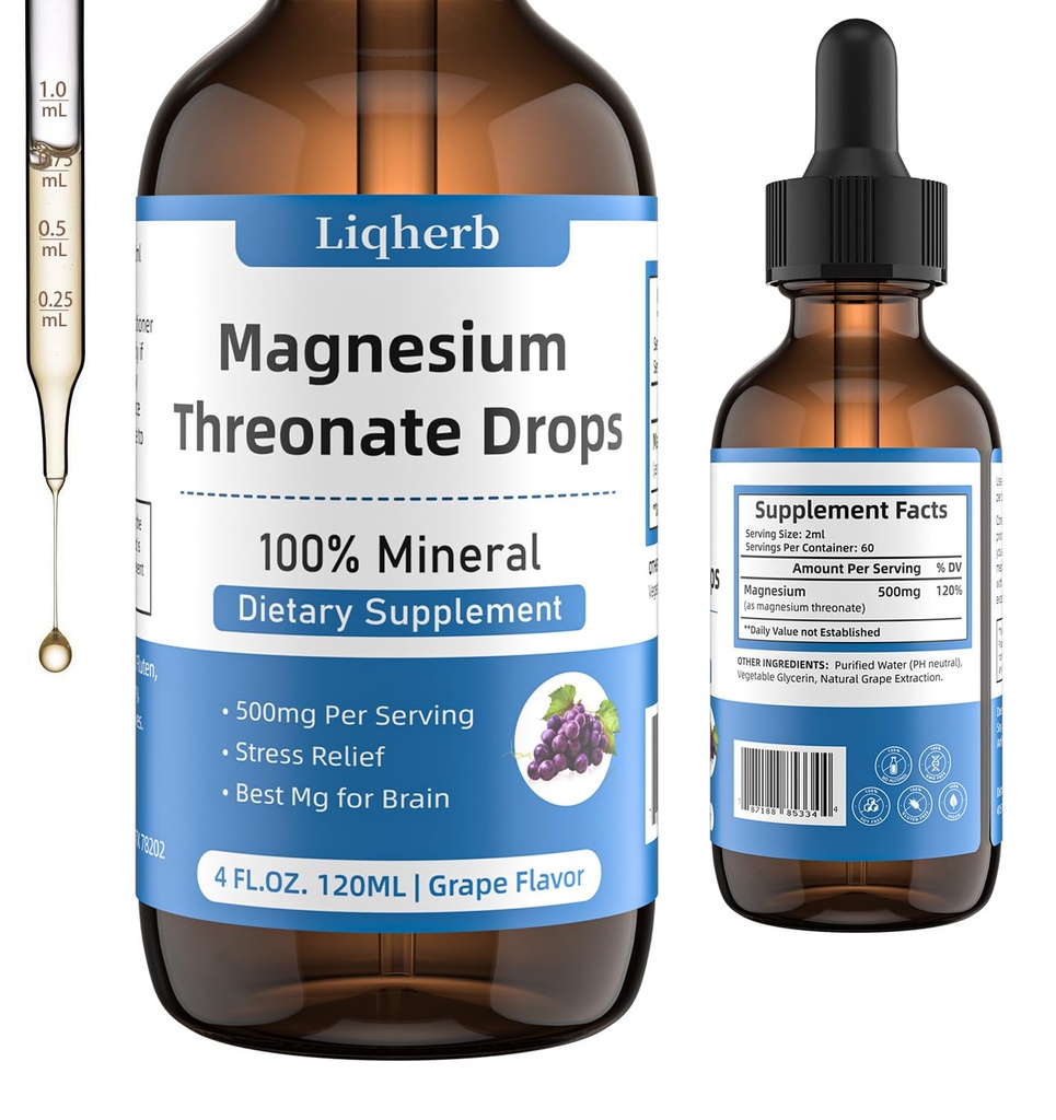 Thréonate de magnésium liquide 500mg, pour les adultes et les enfants, base de glycérine végétale avec meilleure dissolve, meilleur Mg pour la santé du cerveau, le stress et le soulagement musculaire, la santé nerveuse, non-OGM, sans gluten, végétalien, 2 FL.OZ.