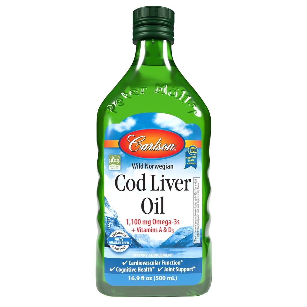 Carlson - Koolleverolie, 1100 mg Omega-3s, Wild-Caught Norwegian Arctic Cod-Liver Oil, duurzaam geproduceerd Nordic Fish Oil Liquid, Unflavored, 500 ml (16,9 Fl Oz)