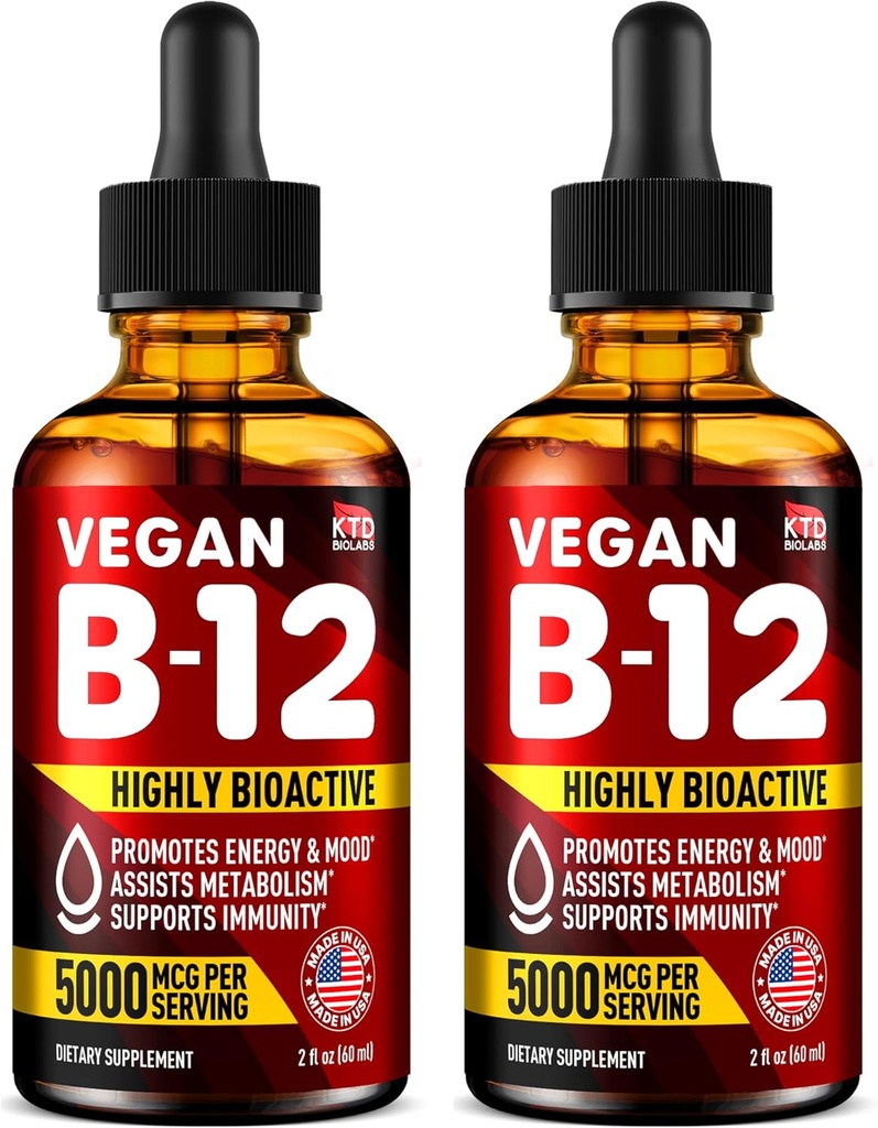 Pack of 2 - B12 Sublingual 5000 mcg Drops - Made in USA - Vegan B12 Vitamines for Energy, Mood & Memory - Highly Bio available Sublingual Drops - Methylcobalamine for Women & Men - 2 fl. oz.