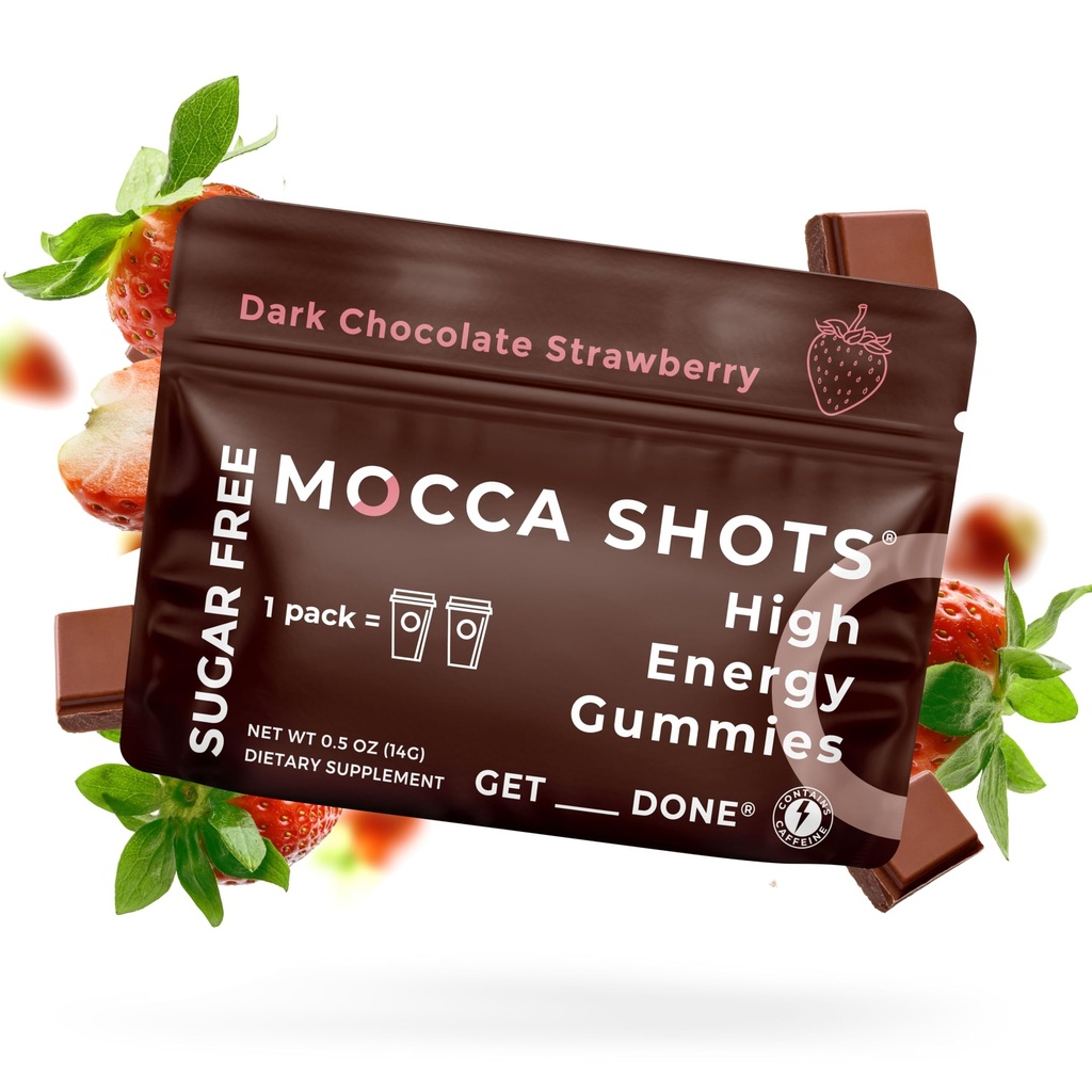 SGC Hoogste Concentratie 100mg Cafeïne per Gummy, 2 Gummies per Pack, 6-Pack Mocca Shots Sugar-Free Strawberry Plant-Based nootropic Instant Energy met Ginkgo biloba, Theobromine.