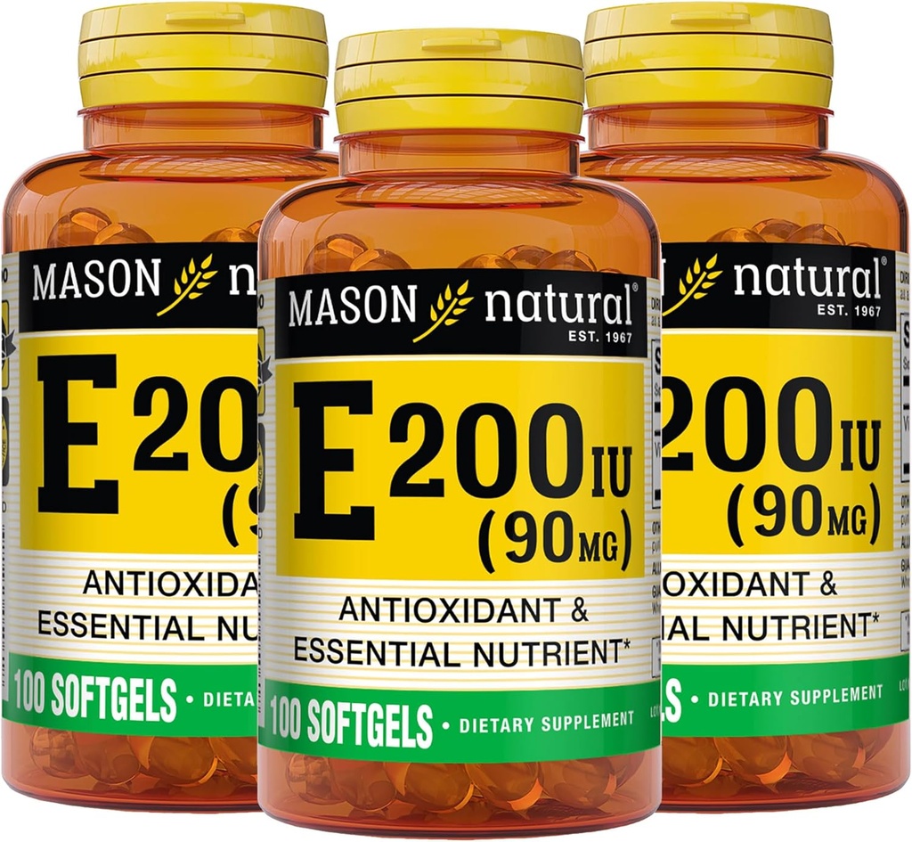 MASON NATUURLIJKE Vitamine E 90 mg (200 IE) - Antioxidant en Essentiële Nutriënt, Gezond Immuun Systeem, Huid en Ogen, Geheel Lichaamssupplement, 100 Softgels (Pack of 3)