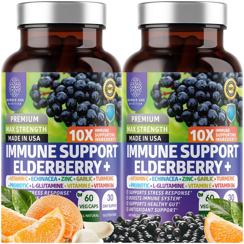 2 Pack N1N Premium 10 en 1 Immune Supplément de soutien [10 Potent Ingredients] avec Elderberry, Vitamine C, Zinc, Echinacea, Curcumine curcuma, Ail et Probiotiques pour Adultes, 120 Vég.