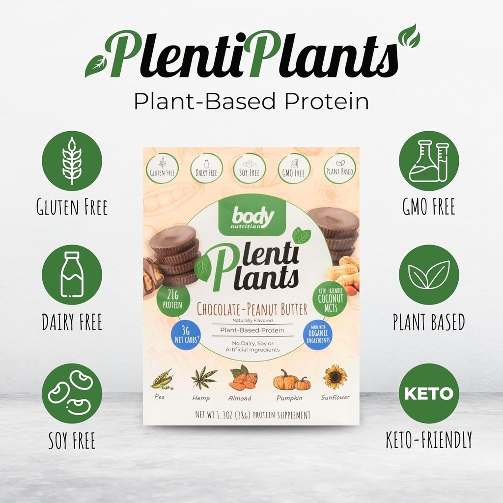 Body Nutrition PlentiPlants Plant Based Protein Powder, Dairy-Free Protein zonder soja of kunstmatige ingrediënten, Natuurlijk Flavored Biologische Plant Proteïne Shake, Chocolade Pindakaas, 38 g