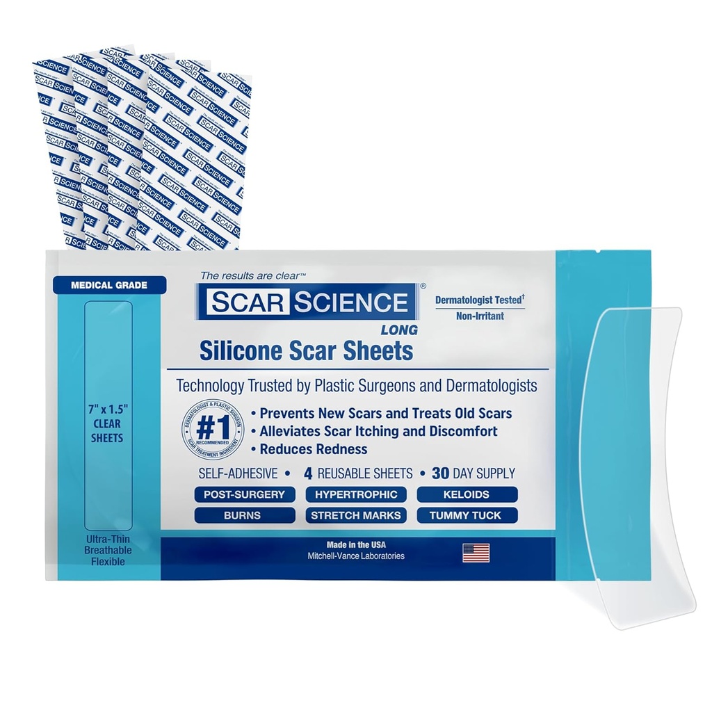 Medical Grade Siliconen Scar Sheets - 7" Herbruikbare water-resistant Siliconen Tape voor littekens - Heldere ademende tape voor C-sectie, Tummy Tuck, Chirurgische littekens, en Keloids - 4-Pack
