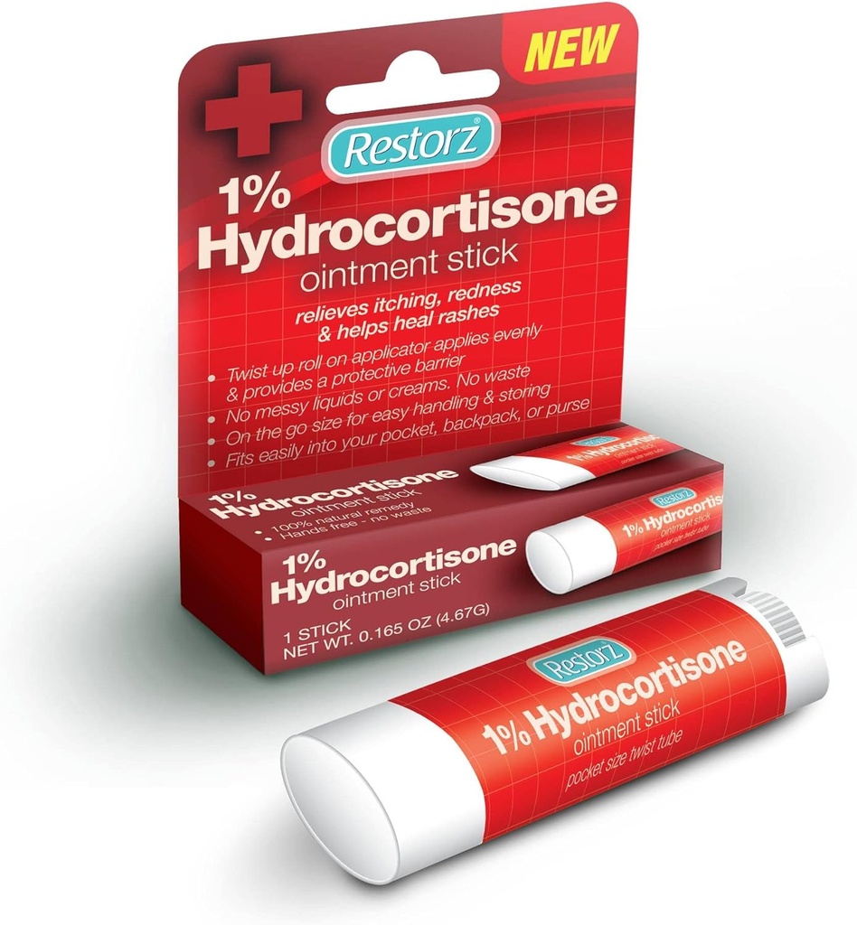 Restorz Hydrocortison 1% Cream Treatment Stick (1 Pack) - Geen mess Travel Size Zalf applicator voor zachte ondersteuning/portable & Gemakkelijk te gebruiken / snelle acting relief voor jeuk, bites, roodheid & Rashes