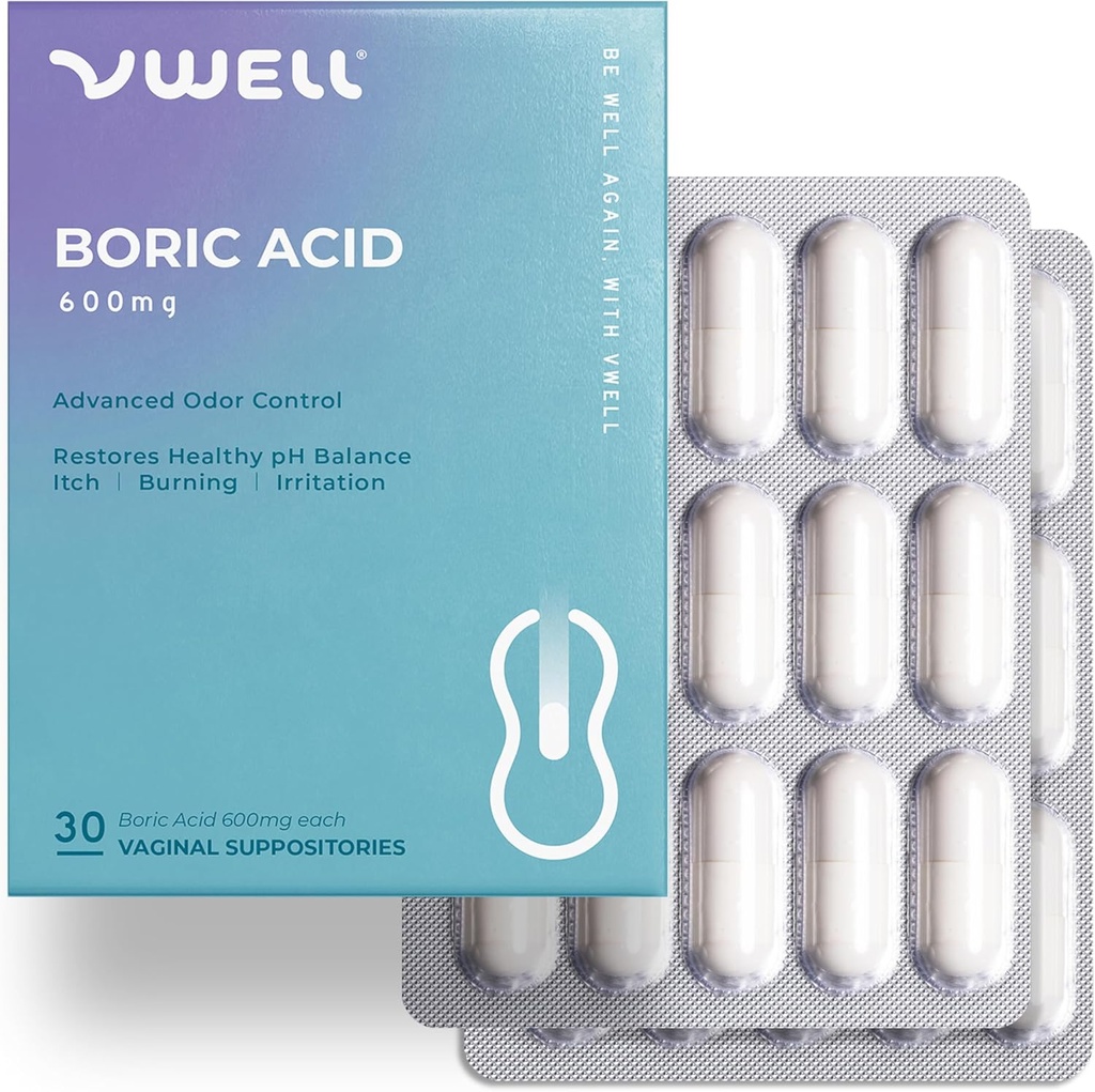 VWELL Boorzuur Vaginale Suppositoiries - Onderhoudt en balansen gezonde Vaginale pH & Microbiome te beheren Odor Itch Burning Irritatie Intimiteit - Artsen aanbevolen (één maat, 30, aantal)