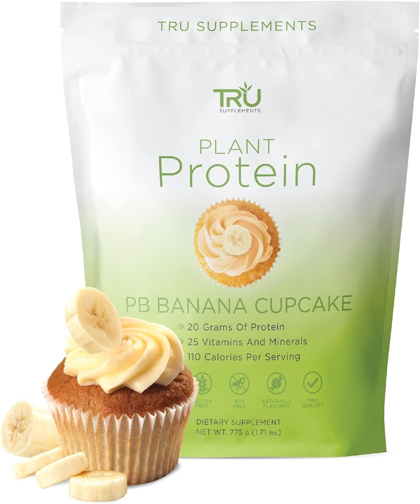 TRU Plant Based Protein Powder, BCAA, EAA, 20g Vegan Bruin Rijst & Pea Proteïne, 100 Calorieën, 27 Vitaminen, Geen kunstmatige smaken 25 Servers (Peanut Butter Banana Cupcake)