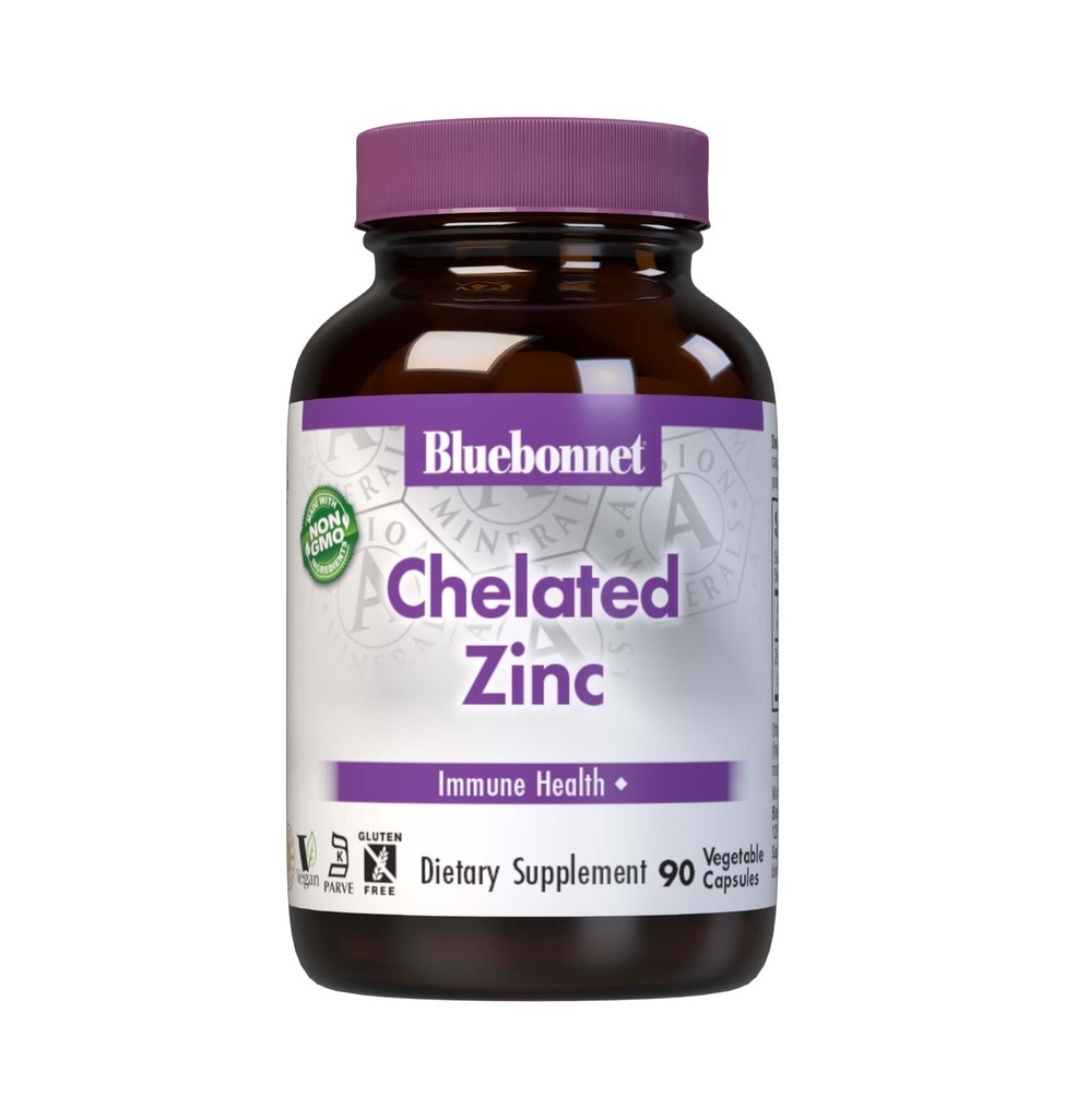 Bluebonnet Nutrition Albion Zinc chélaté, pour la santé immunitaire et la fonction enzymatique*, sans soja, sans gluten, non-OGM, certifié Casher, sans lait, végétalien, 90 capsules végétales, 90 portions