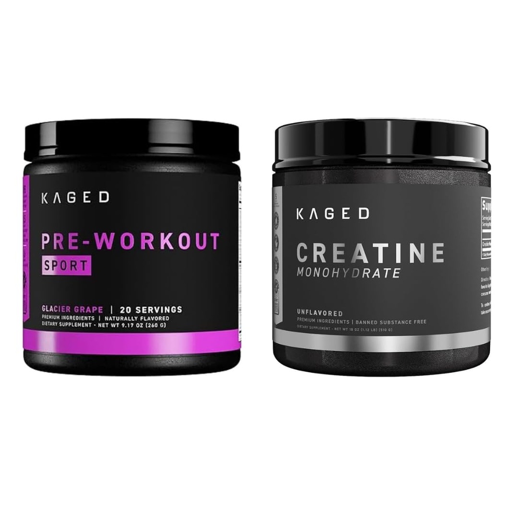 Kaged Pre Sport Pre Workout Poeder Glacier Grape Createine Monohydraat Micronized Powder Bundle, Energy & Muscle Recovery Supplement Pack, 20 Servings Pre-workout + 100 Servings Createin