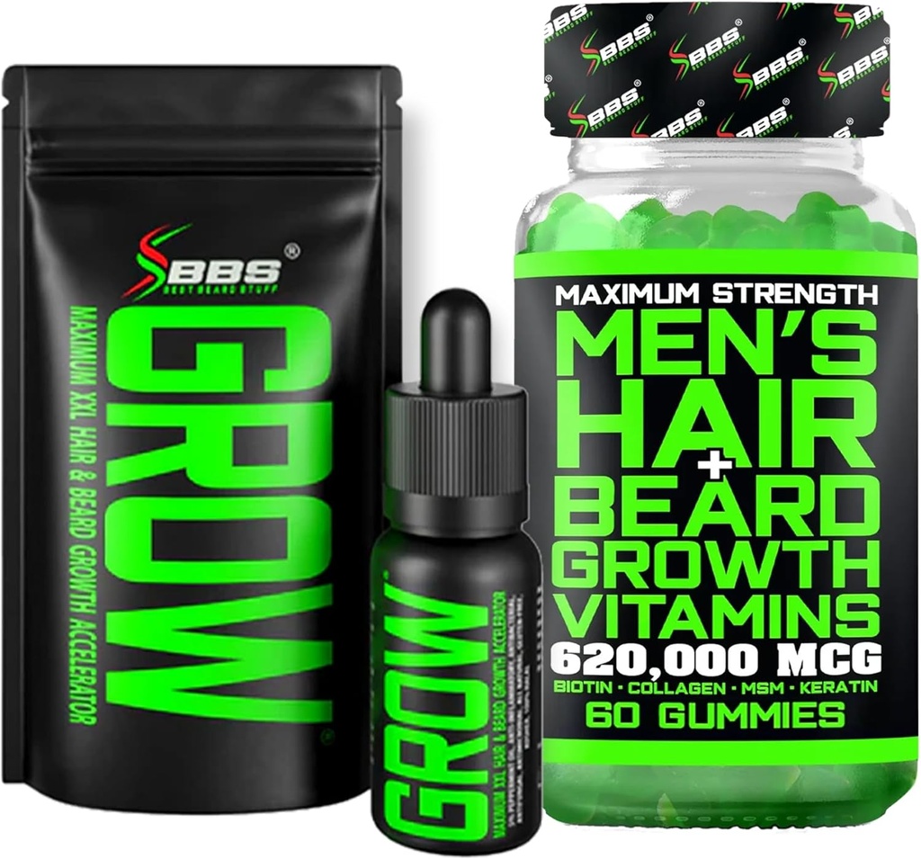 Baardgroei Kit w/Groei XXL Baardolie/Serum voor gezichtsgroei voor mannen + Maximale sterkte 620.000 mcg 14-in-1 BIOTIN Gezichtsgroei Vitaminen voor mannen - Geformuleerd in Amerika