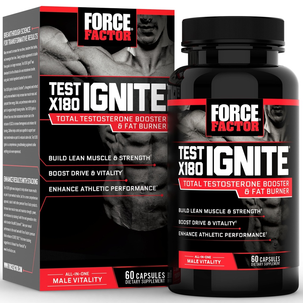 FORCE FACTOR Test X180 Ignite Total Testosteron Booster voor mannen met Fenegriek Zaad en Green Tea Extract te bouwen Lean Muscle, Boost Energy, en verbeteren van de prestaties, 60 Tellen