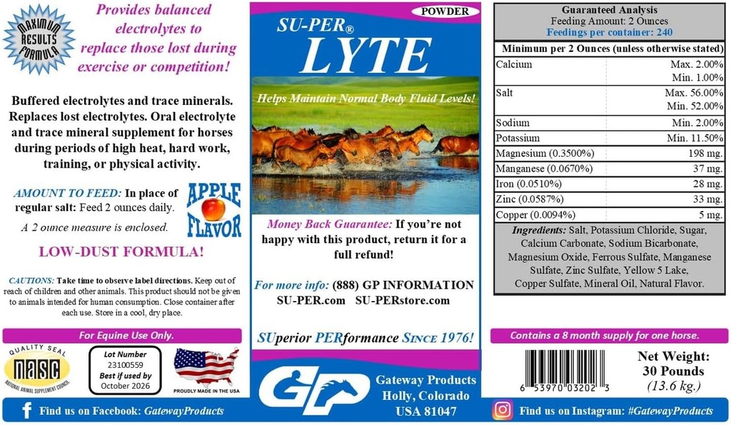 SUPER Lyte Horse Electrolyte Supplément - Aide à maintenir des niveaux normaux de fluides corporels - Performance Horse Minerals & Electrolytes Remplacement - 30 livres, 8 mois d'approvisionnement