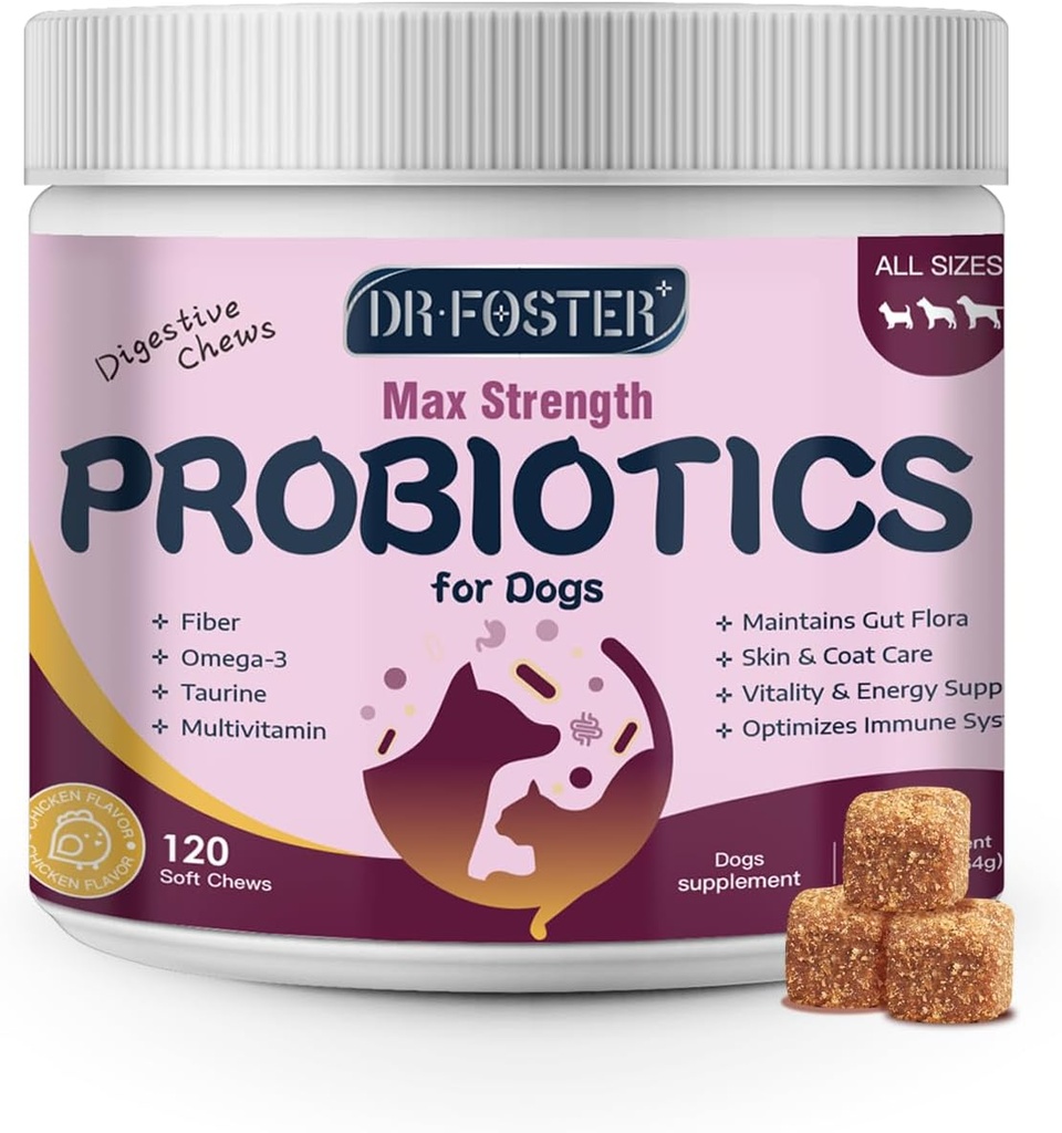 Probiotica voor honden - Hondenprobiotica voor spijsverteringsgezondheid, prebiotica, spijsverteringsenzymen voor honden met pompoen, Omega-3, ondersteuning Gut, Immune, diarree, 120 zachte kauwgom