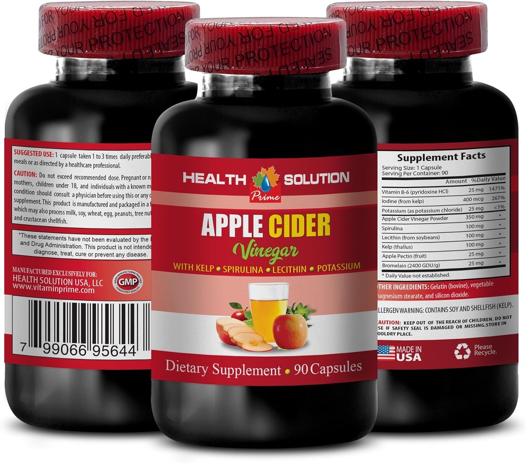 Apple Cider Vinegar Hair Products - Apple Cider Vinegar Advanced Complex met kelp, Spirulina, Lecithin - Lecithin kelp b6, Klamath Blue Green Algen, Digestie Ondersteuning Supplement - 1 fles 90 Caps